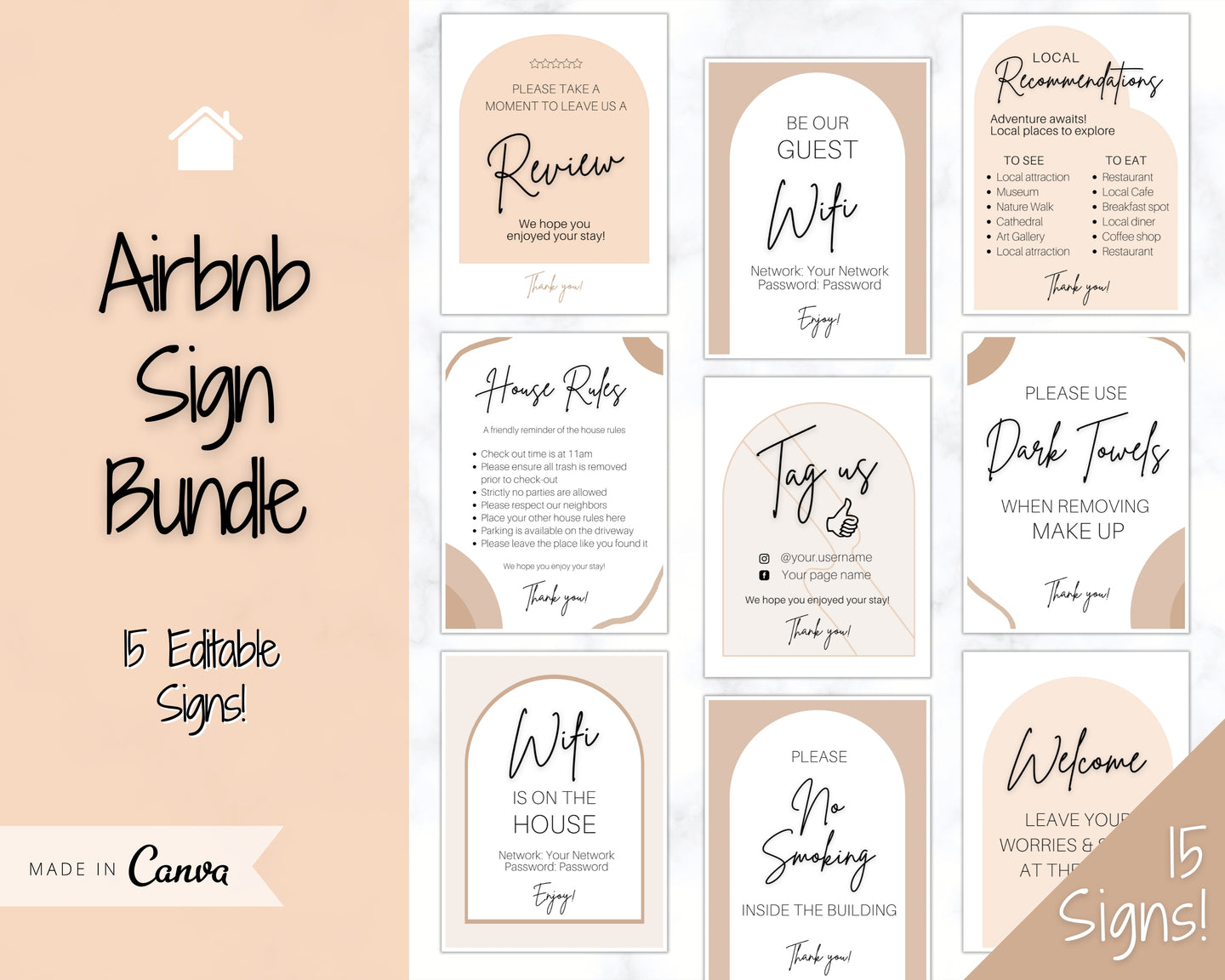 15 Airbnb Posters | Editable Template Sign Bundle, Wifi password Sign, Check Out Signs for Airbnb Superhosts | Arch