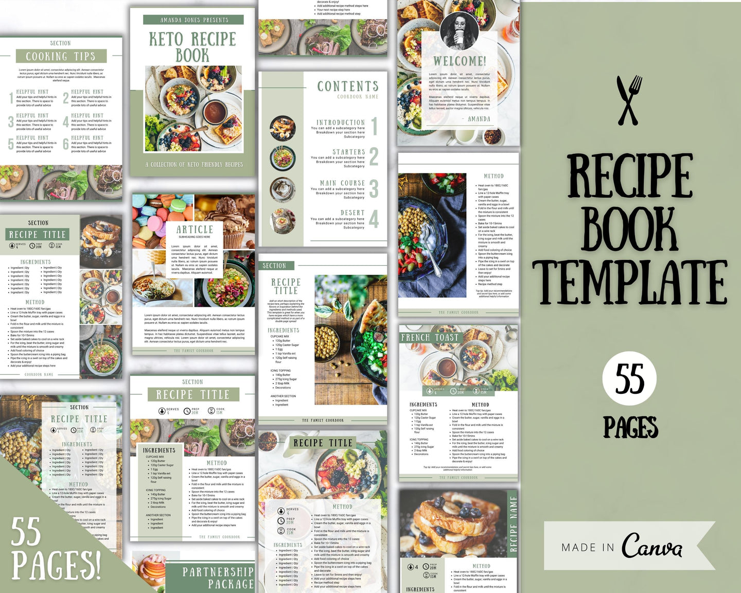 Recipe Cookbook Template | Editable Canva Digital eBook | Farmhouse Green