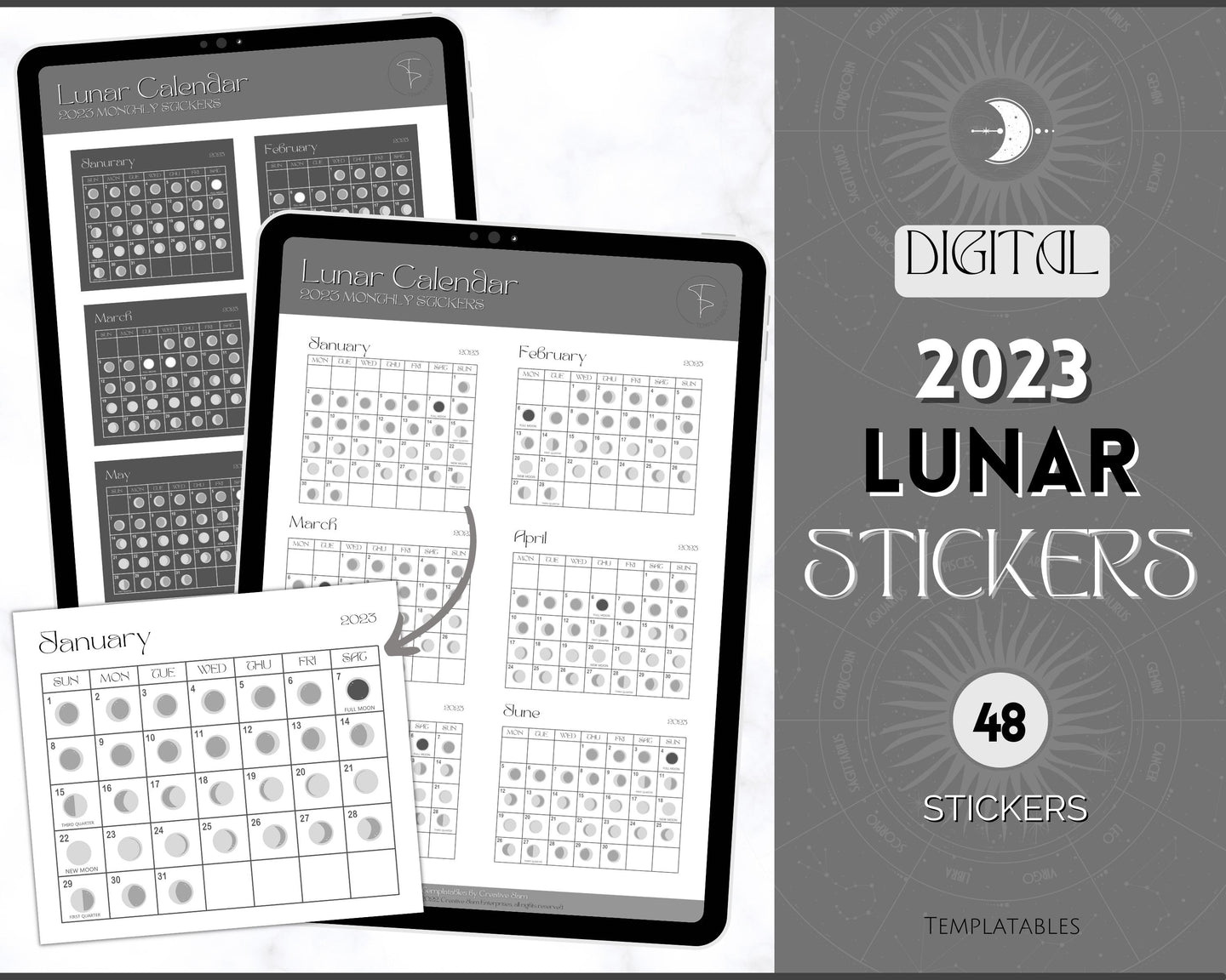 Digital 2023 Lunar Calendar Stickers | Moon Calendar Sticky Notes, 2023 Moon Phase Digital Stickers