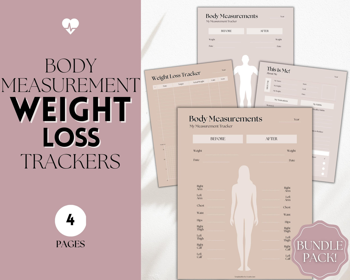 Weight Loss Tracker & Body Measurement Fitness Planner Printable Template | Lux