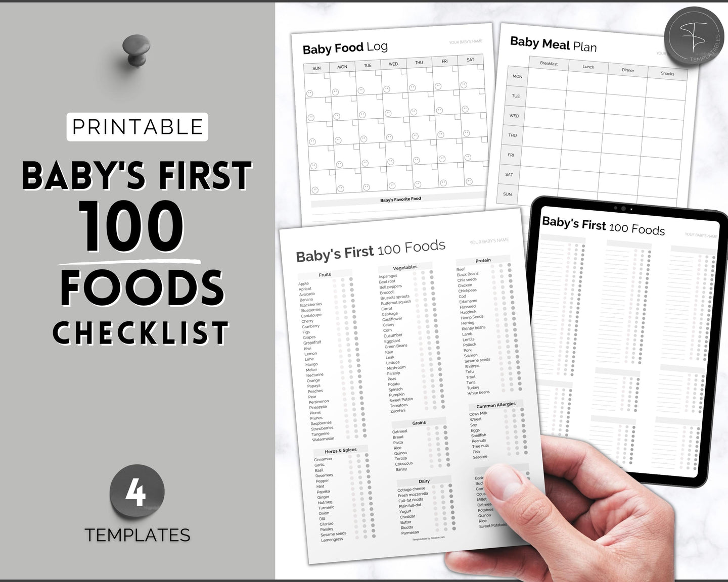 Baby Food Tracker Printable BUNDLE | Baby’s First Foods Meal Planner & Daily Food Diary, 100 Foods Before 1 | Mono