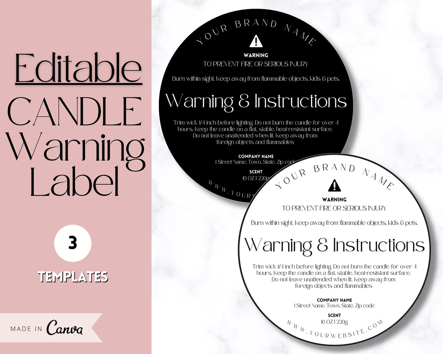 EDITABLE Candle Warning Label Template | Candle Care & Fire Safety Instructions, Round Packaging Label Care Card, Candle Maker Seller | Safira