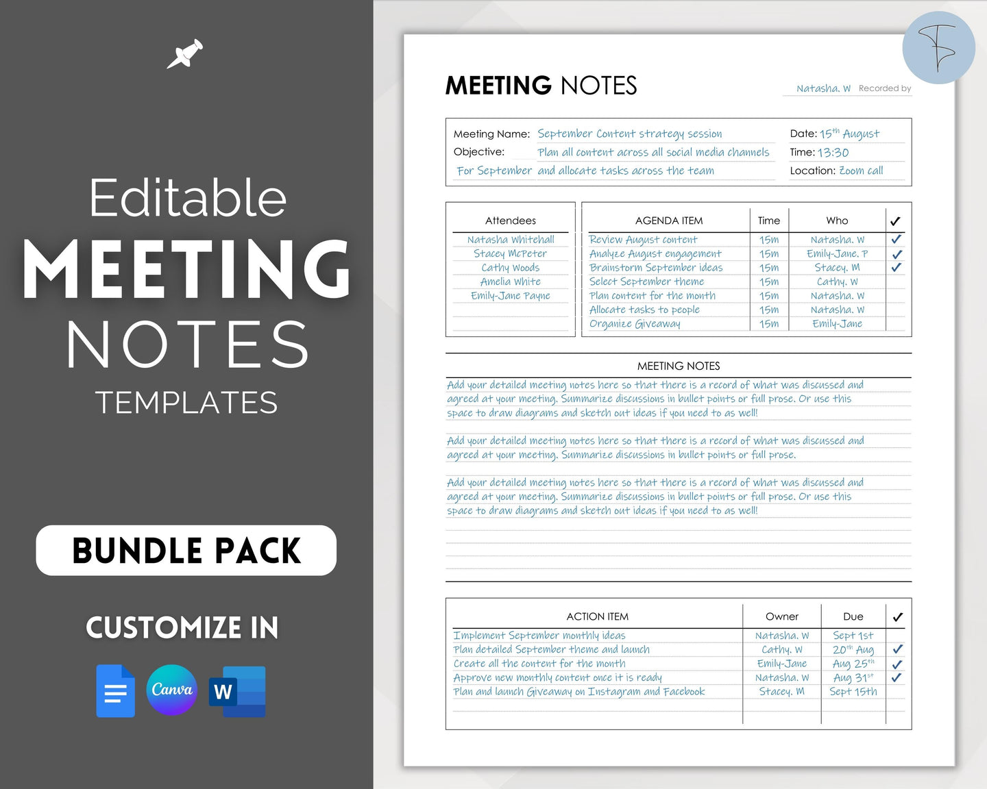 Meeting Notes Template | Editable Meeting Minutes & Meeting Agenda Template for GoodNotes, OneNote