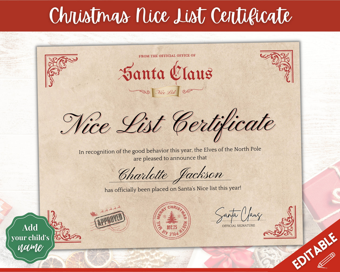 EDITABLE Christmas Nice List Certificate | Santa Clause Printable Certificate Template for Xmas