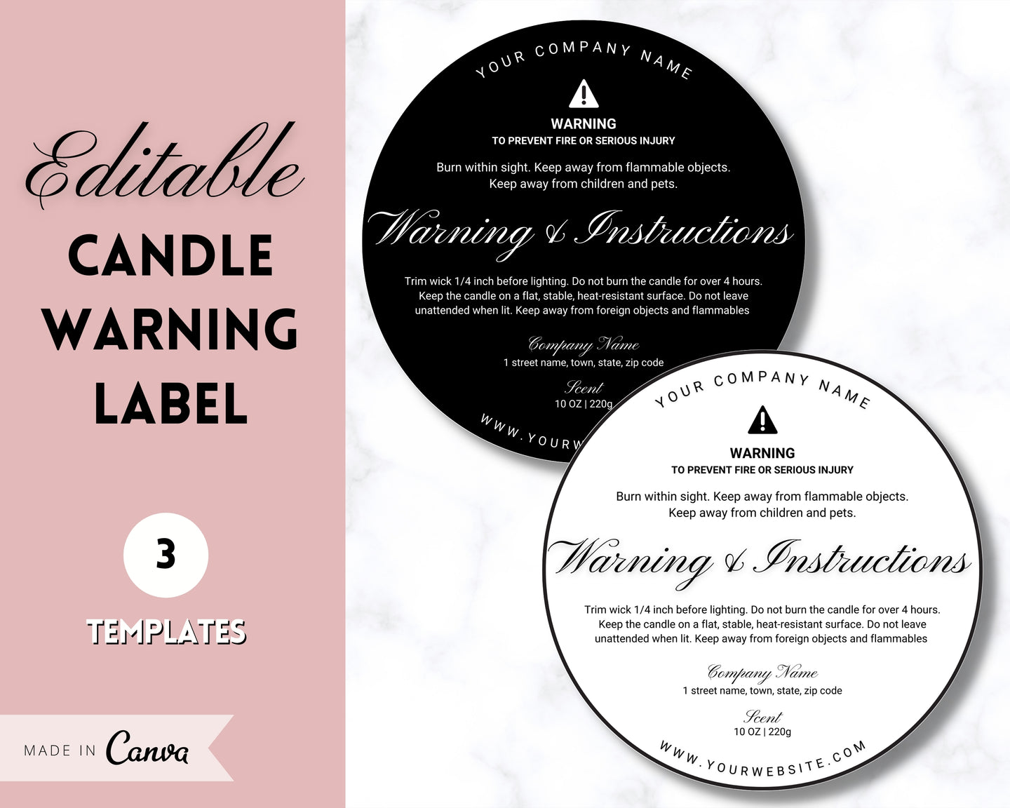 EDITABLE Candle Warning Label Template | Candle Care & Fire Safety Instructions, Round Packaging Label Care Card, Candle Maker Seller | Fancy