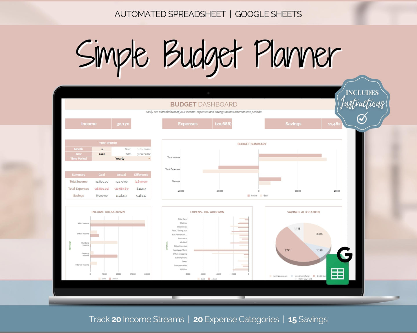 Simple Budget Planner Spreadsheet | Google Sheets Automated Monthly Finance & Expenses Spreadsheet | Brown