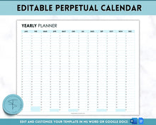 Load image into Gallery viewer, EDITABLE Perpetual Calendar | Undated Year at a Glance Reusable Calendar, Year Overview on One Page, Annual 12 Month Planner | Blue
