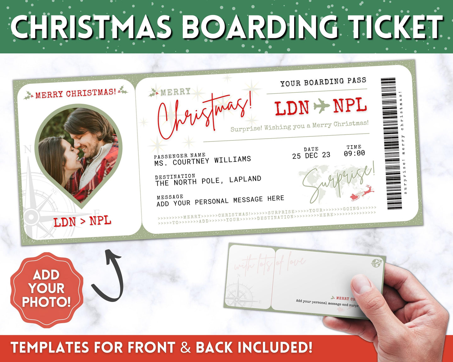 EDITABLE Christmas Boarding Ticket Template | Surprise Xmas Boarding Pass, Fake Plane Ticket Printable Template | Green