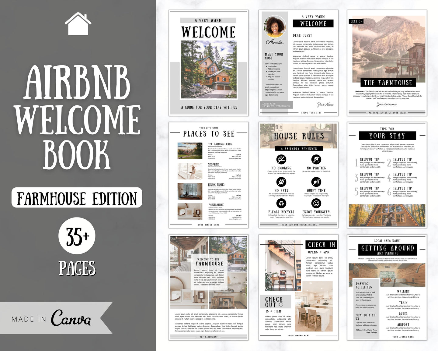 Airbnb Welcome Book Template | Editable Canva Welcome Guide for Vacation Rentals | Farmhouse