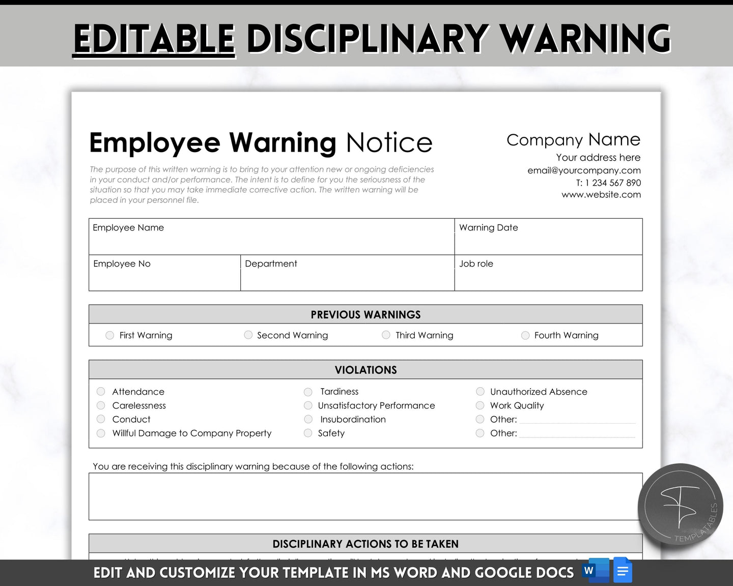 Employee Disciplinary Form | EDITABLE Warning Notice for Small Business Human Resources | Employee Write Up, HR Performance Discipline Forms