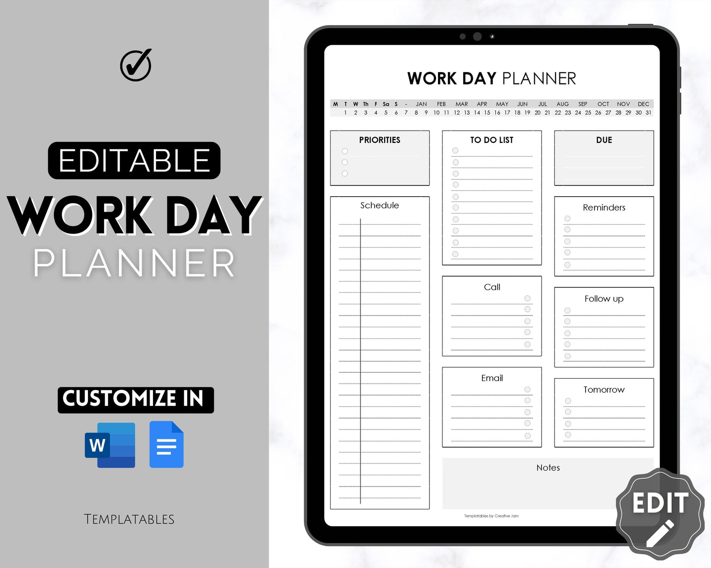 Work Planner & Work Day Organizer | Editable Daily Planner, Work From Home To Do List Printable & Digital Schedule | Mono