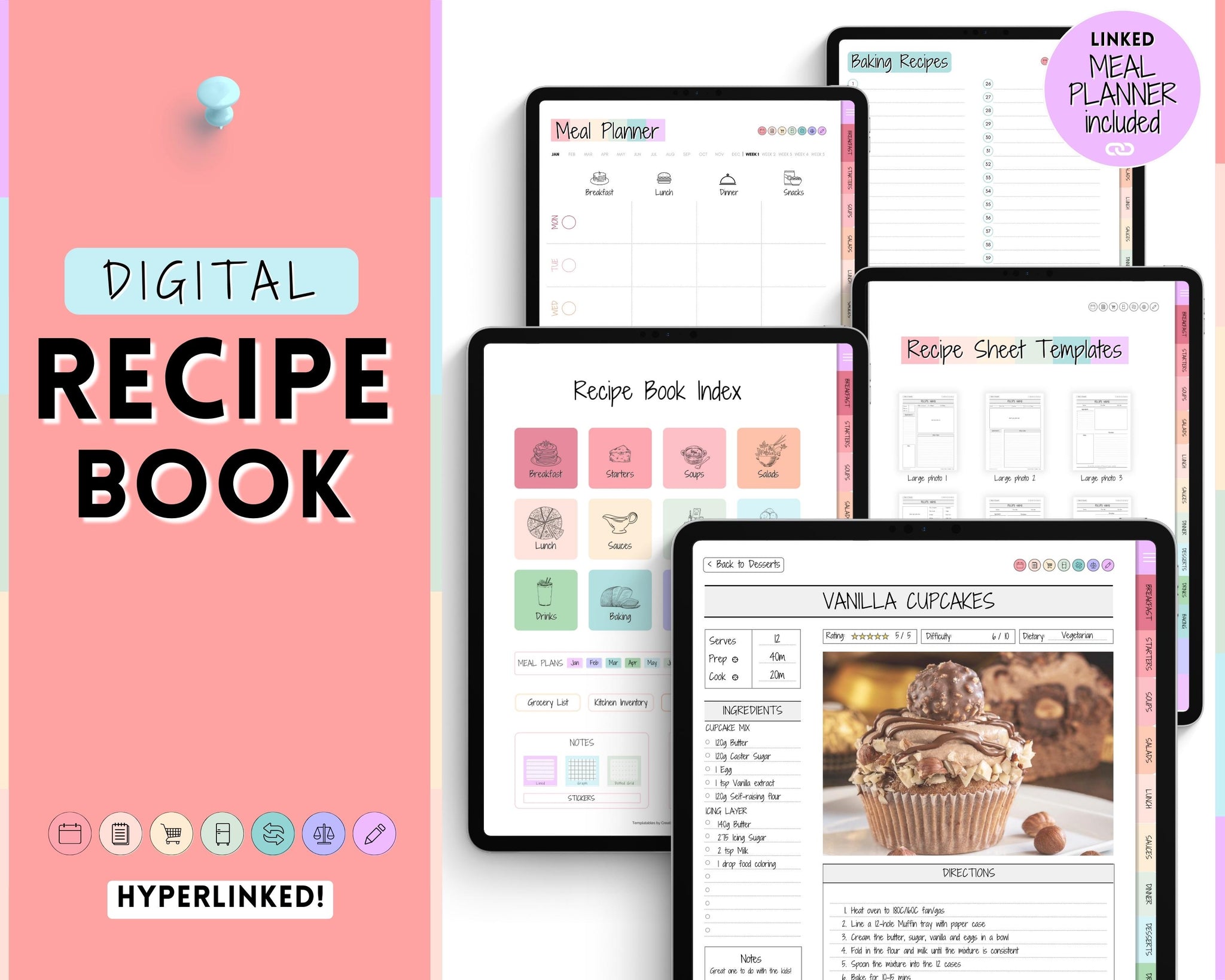 Digital Recipe Book for Goodnotes, Notability, Digital iPad Recipe Journal,  Digital Cookbook, Digital Meal Planner, Recipe Book Template 