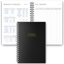 Load image into Gallery viewer, Budget Planner &amp; Monthly Bill Organizer | Finance Budget Planner, Financial Savings, Debt, Income, Expenses, Spending &amp; Bill Trackers | A5 Mono
