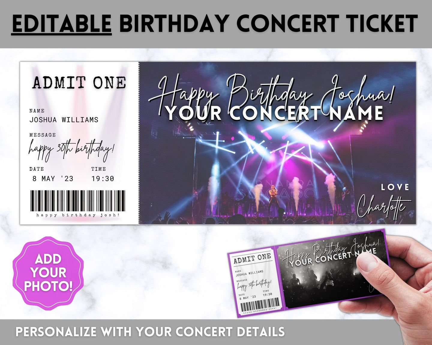 BIRTHDAY Concert Ticket Template | EDITABLE Surprise Getaway gift for Musical Events & Theatre Shows