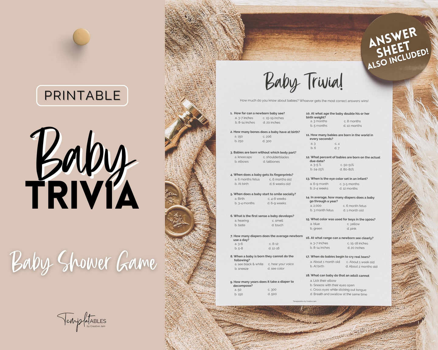 Baby Trivia Baby Shower Game Printable | Trivia Activity for Woodland, Boho, Neutral Theme Baby Showers