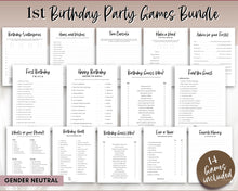 Load image into Gallery viewer, 1st Birthday Games - Printable Bundle of 14 Party Games for Baby&#39;s 1st Birthday | Trivia Activity for Woodland, Boho, Neutral Theme
