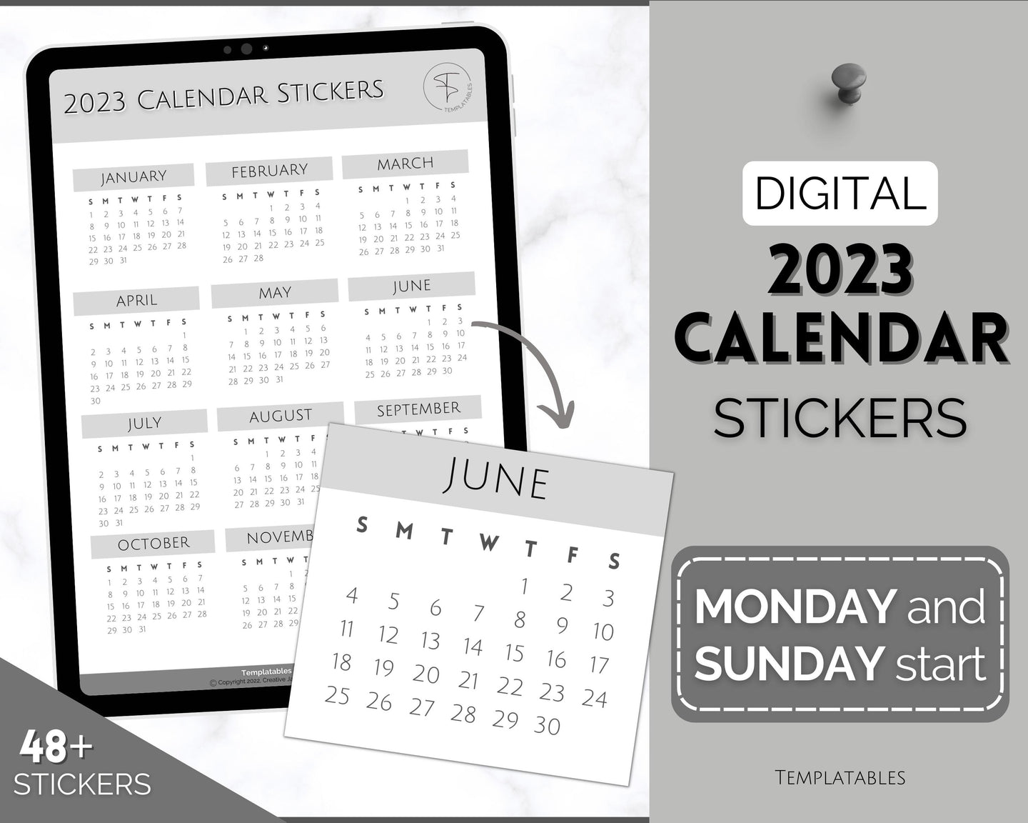 2023 Digital Calendar Stickers for iPad | GoodNotes & Notability Sticky Notes, Mini Calendar Digital Planner Stickers, Transparent PNGs | Mono