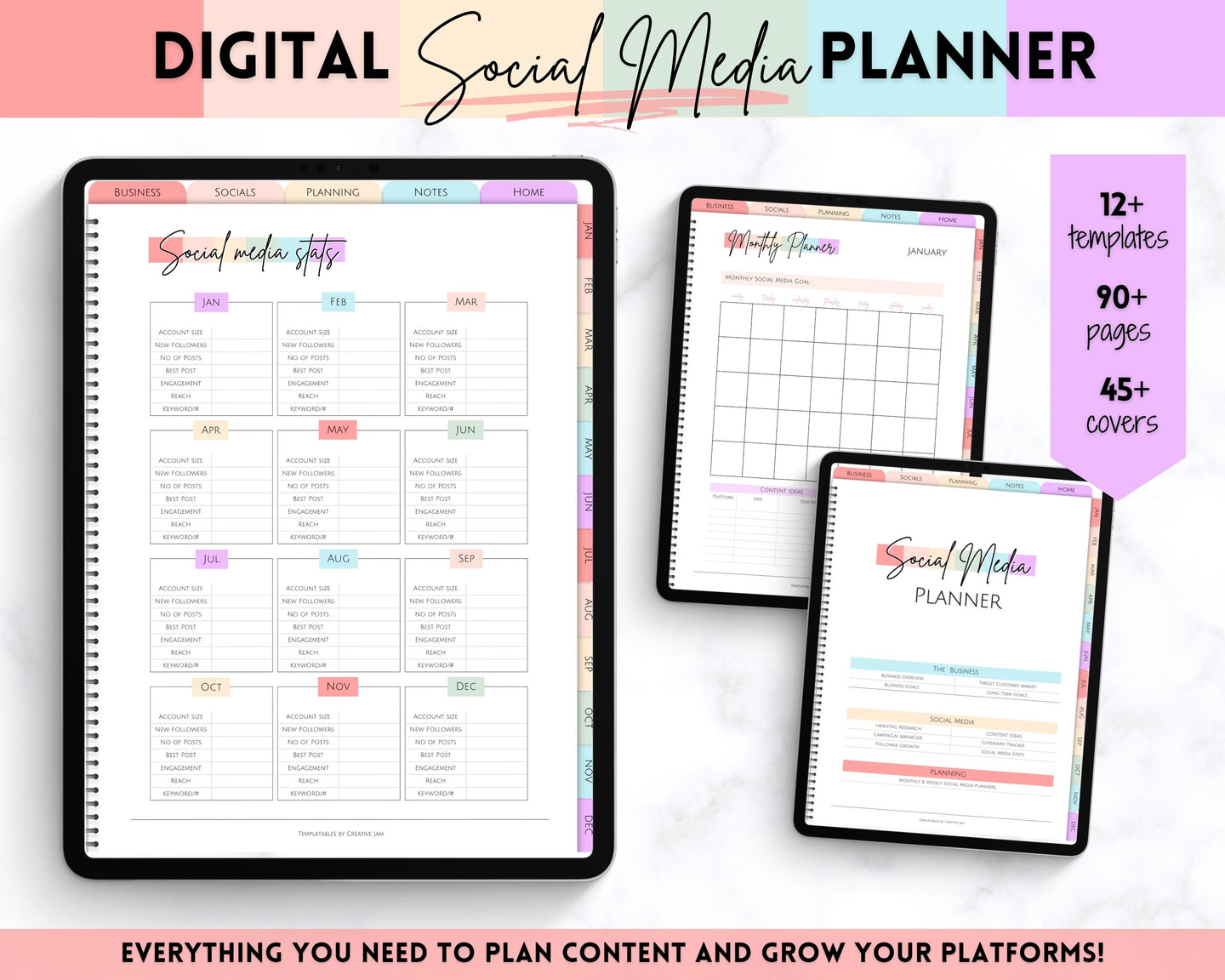 Social Media Digital Planner | GoodNotes Content & Marketing Planner for Instagram, YouTube, TikTok | Pastel Rainbow