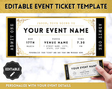 Load image into Gallery viewer, EDITABLE Event Ticket Gift Template | DIY Templates for Concerts, Theatre Shows, Surprise Gifts &amp; Special Occassions | Gold
