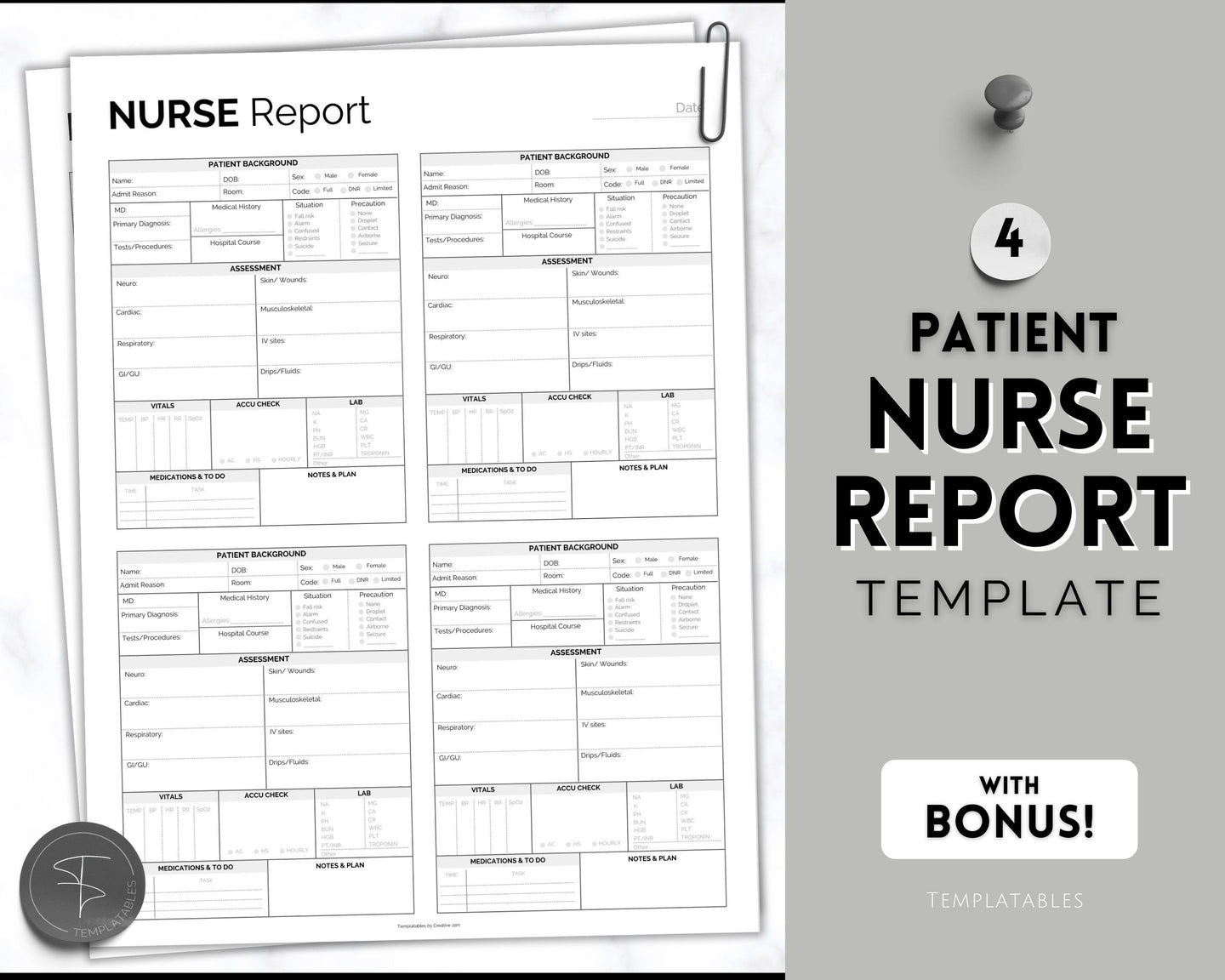 4 Patient Nurse Report Sheet to Organize your Shifts | Nurse Brain Sheet, ICU Nurse Report Patient Assessment Template | Mono