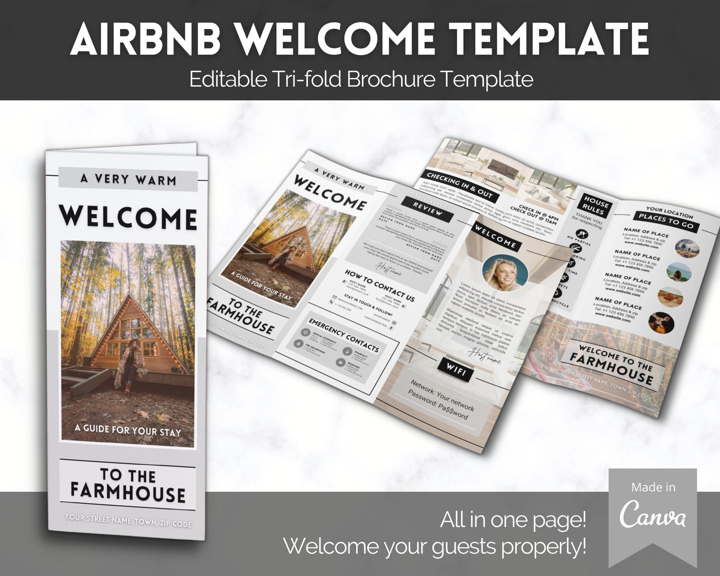 Airbnb Trifold Welcome Book Template | Editable Canva Welcome Guide for Vacation Rentals | Mono