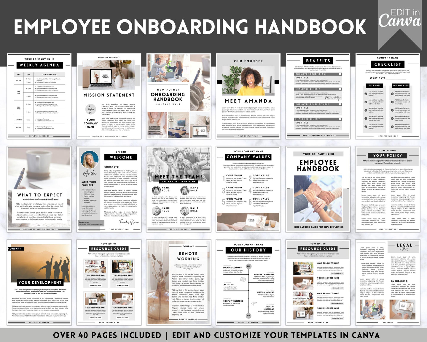 Employee Onboarding Handbook Template | New Hire Welcome Packet & New Hire Checklist | Editable eBook Canva Template | Mono