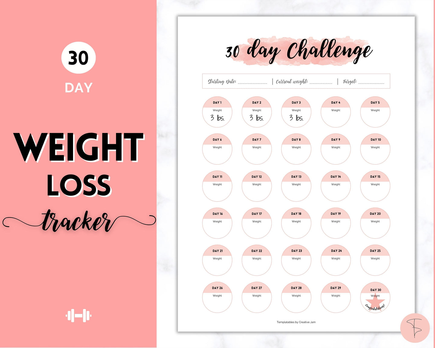 30 day Weight Loss Tracker & Monthly Challenge | Weight Loss Chart, Pounds Lost Fitness Tracker | Pink Swash