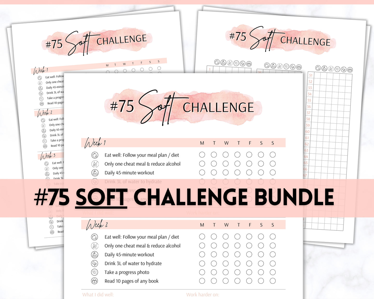 EDITABLE 75 SOFT Challenge Tracker | 75soft Printable Challenge, Fitness & Health Planner | Pink Watercolor