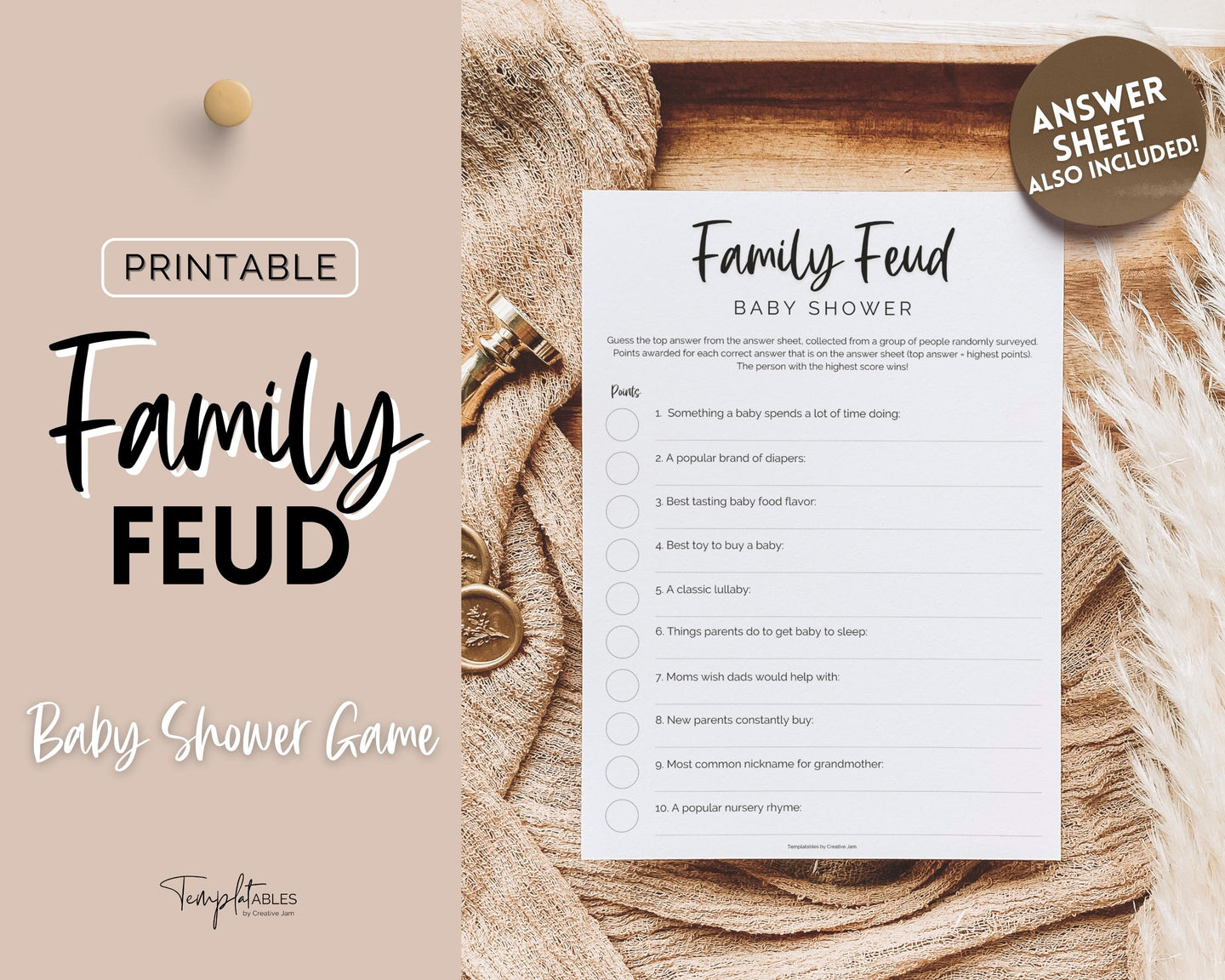 Family Feud Baby Shower Games Printable | Trivia Activity for Woodland, Boho, Neutral Theme Baby Showers