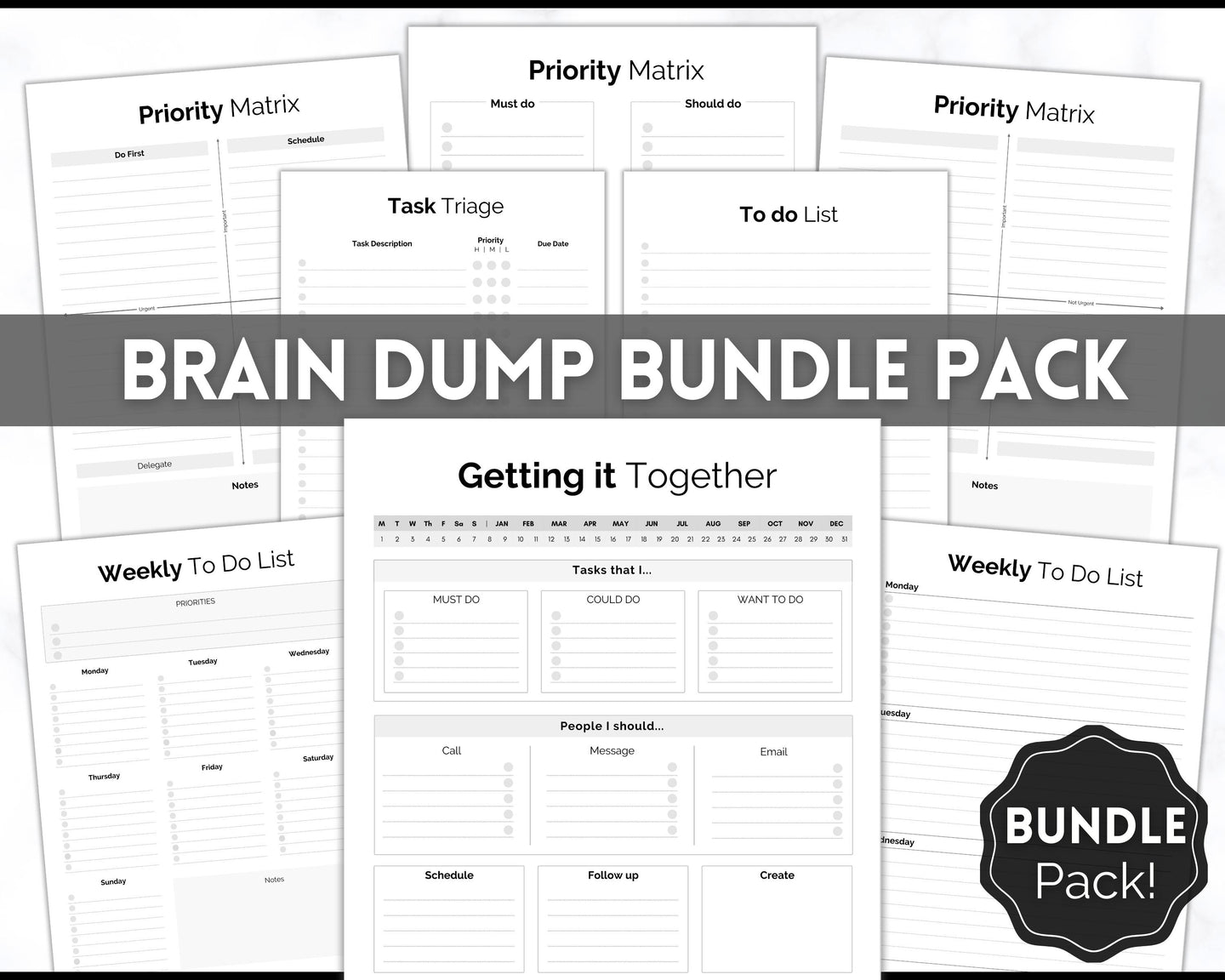 EDITABLE Brain Dump Template BUNDLE | To Do List Printable, ADHD Work Productivity Planner | Mono