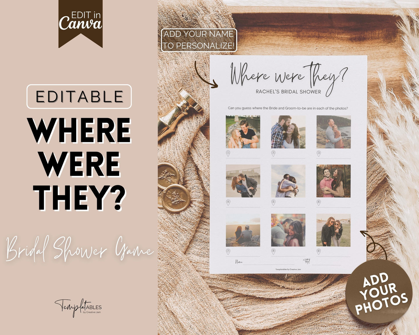 Where Were They? Bridal Shower Game | Editable Photo Guessing Games for Wedding Shower | Bachelorette & Hen Party Games