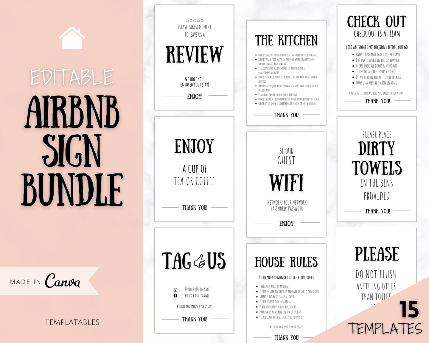 15 Airbnb Posters | Editable Template Sign Bundle, Wifi password Sign, Check Out Signs for Airbnb Superhosts | Farmhouse