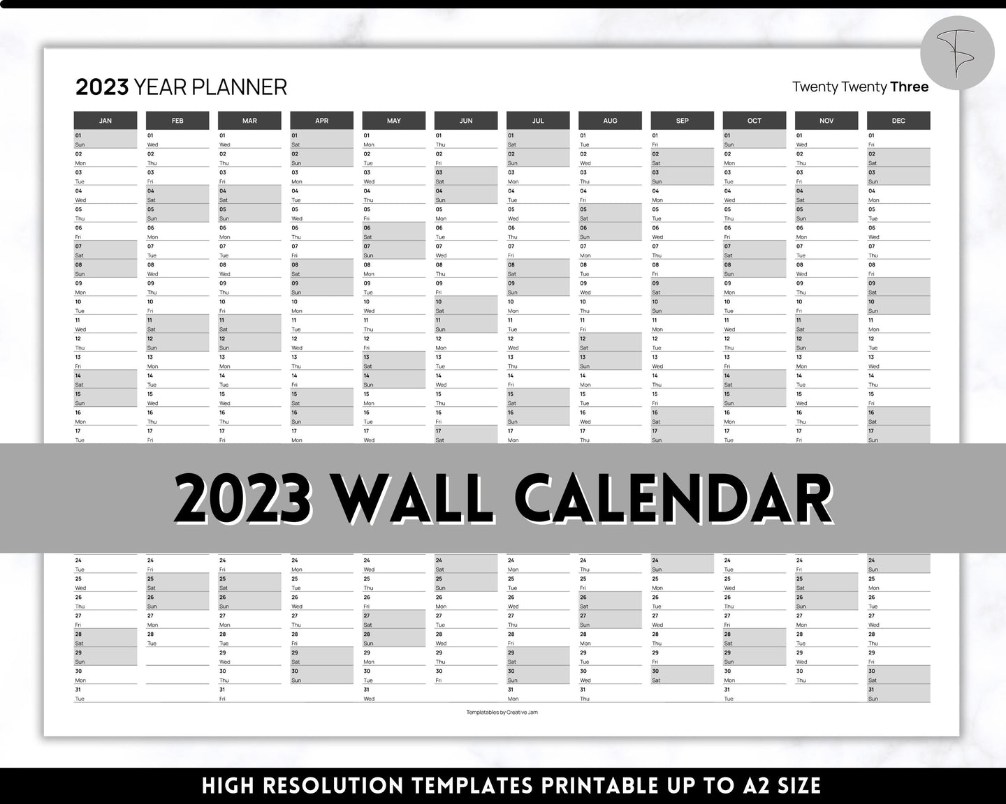 2023 Wall Calendar Printable | Large 12 Month Personalized Calendar, Annual Year at a glance | Mono
