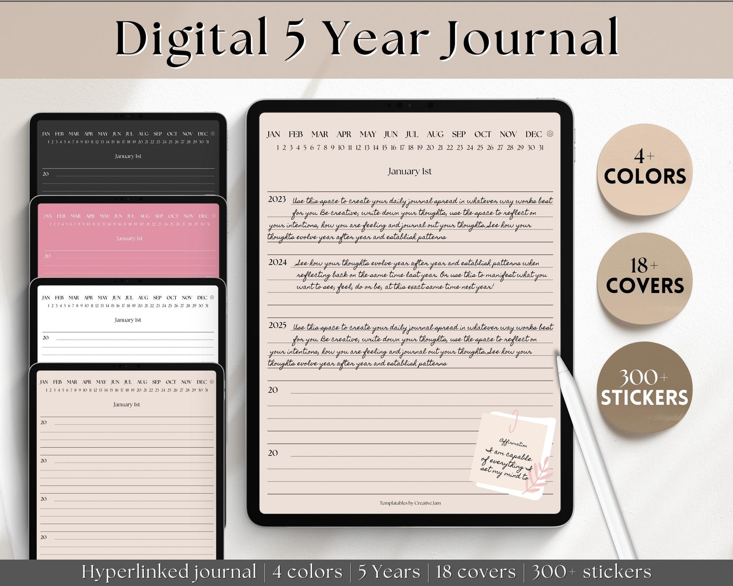 Digital 5 Year Journal | GoodNotes Hyperlinked 365 Day Digital Planner | iPad Diary | Bundle 1