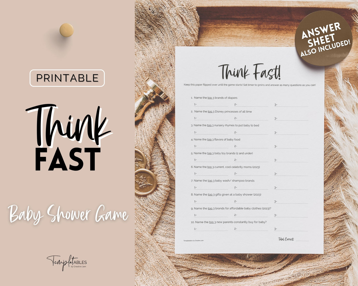 Think Fast Baby Shower Game Printable | Trivia Activity for Woodland, Boho, Neutral Theme Baby Showers