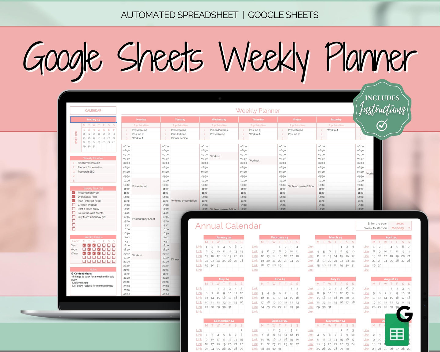 Weekly Hourly Planner Spreadsheet | EDITABLE Google Sheets Daily Schedule, Organizer & To Do List | Red