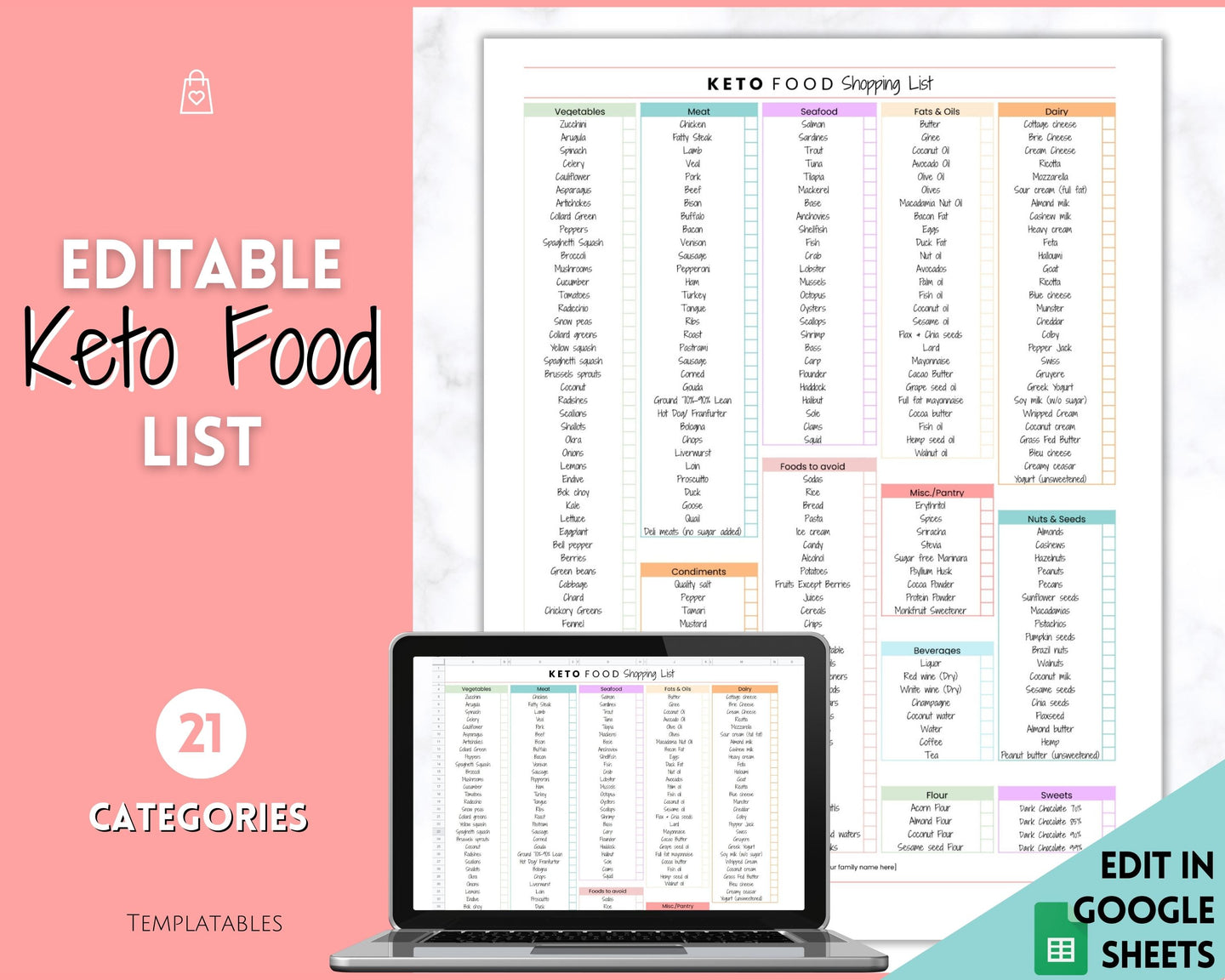 Editable Keto Food and Snack List | Low Carb Digital Grocery List Printable, Shopping List and Meal Planner Journal | Pastel Rainbow