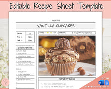 Load image into Gallery viewer, EDITABLE Recipe Sheet Template | Recipe Book, Cards &amp; Cookbook Binder, 8.5x11 Food Planner Journal | Style 1
