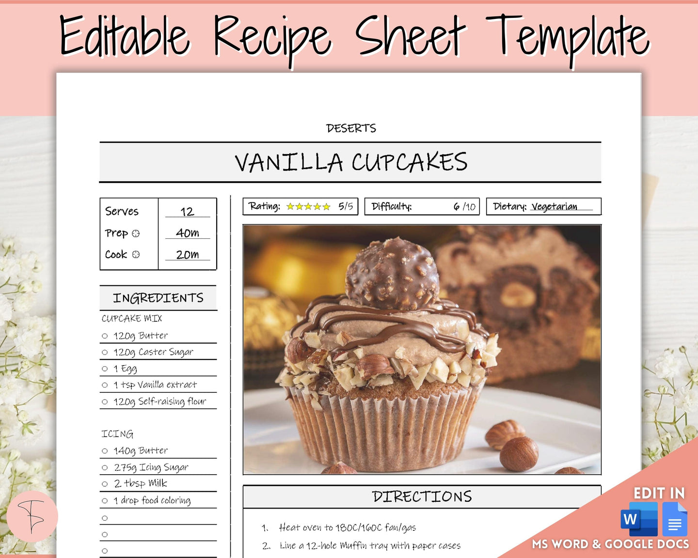 EDITABLE Recipe Sheet Template | Recipe Book, Cards & Cookbook Binder, 8.5x11 Food Planner Journal | Style 1
