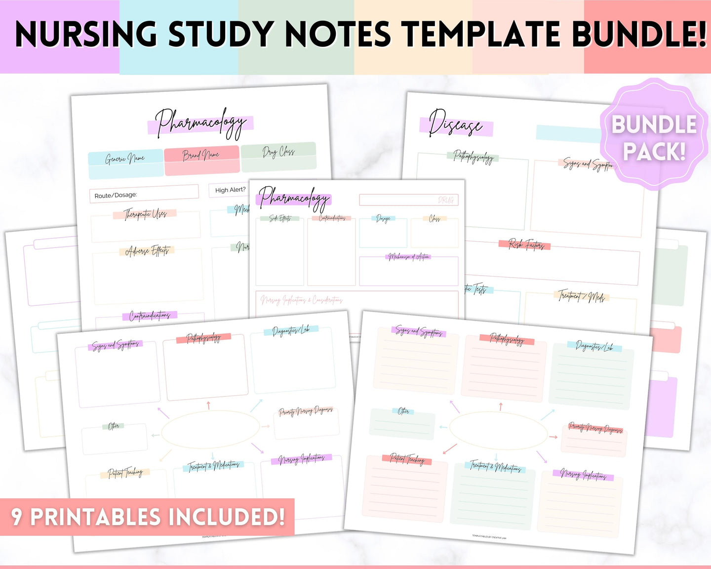 Nurse Student Notes Study Guide Bundle | Concept Map, Disease Template, Pharmacology, Pathophysiology, Med Surg, Drug Card | Pastel Rainbow