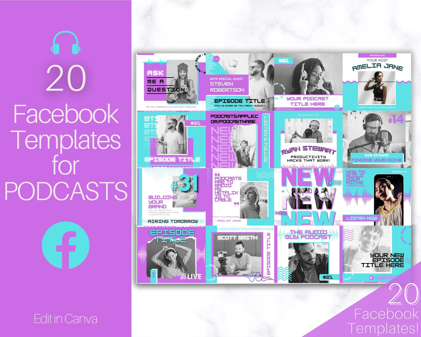 20 Podcast Facebook Post Templates. Editable Social Media Posts. Canva Template. Marketing Graphics Podcasters Podcasting Face book, Planner | Purple