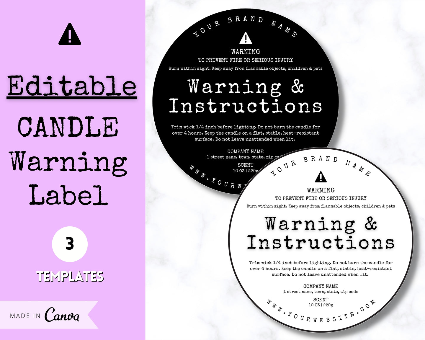 EDITABLE Candle Warning Label Template | Candle Care & Fire Safety Instructions, Round Packaging Label Care Card, Candle Maker Seller | Type