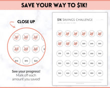 Load image into Gallery viewer, 1000 Savings Challenge, 1k Saving Tracker Printable | 30 day, Cash Envelopes to Save Money &amp; Budget | Mono
