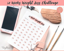 Load image into Gallery viewer, 52 Week Weight Loss Tracker &amp; Monthly Challenge | Weight Loss Chart, Pounds Lost Fitness Tracker | Pink Swash
