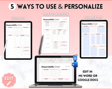 Load image into Gallery viewer, EDITABLE Responsibility Chart | Family Chore Chart, Weekly Adult Routine &amp; Reward Chart for Kids | Pink
