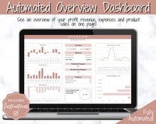 Load image into Gallery viewer, Small Business Bookkeeping Spreadsheet | Google Sheets Automated Business Expense Tracker &amp; Product Invetory Tracker | Brown
