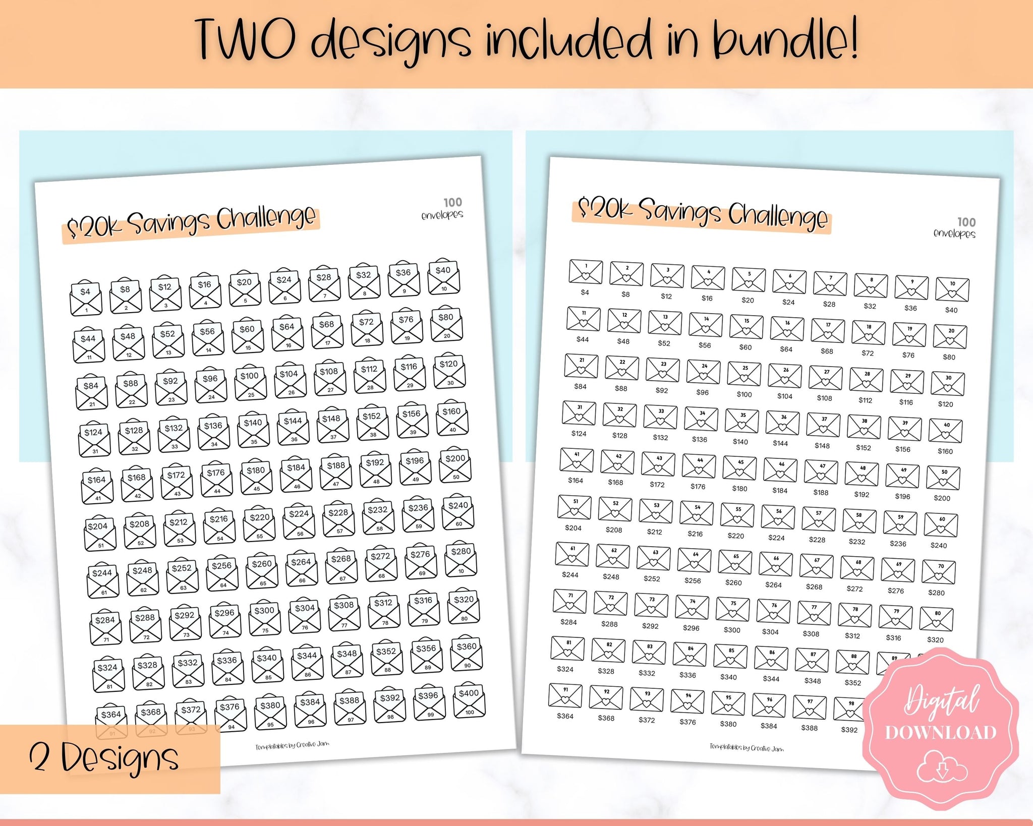 20k 100 Envelope Challenge Printable, 20000 | Colorful Sky