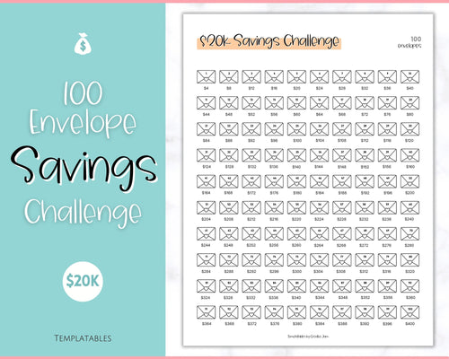 20k 100 Envelope Challenge Printable, 20000 Savings Tracker, 100 Day Challenge, Cash Envelopes, Money Saving, Save, Budget Envelope, Finance, 20000 | Colorful Sky