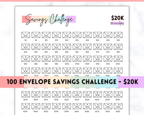 20k 100 Envelope Challenge Printable, 20000 Savings Tracker, 100 Day Challenge, Cash Envelopes, Money Saving, Save, Budget Envelope, Finance, 20000 | Pastel Rainbow