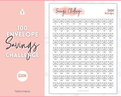 20k 100 Envelope Challenge Printable, 20000 Savings Tracker, 100 Day Challenge, Cash Envelopes, Money Saving, Save, Budget Envelope, Finance, 20000 | Pink Scrawl